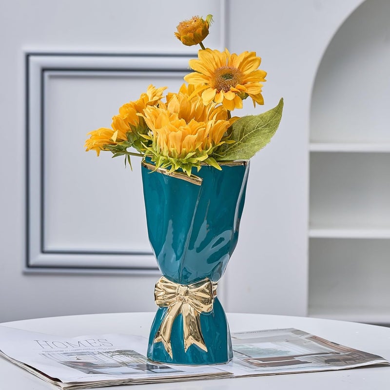 WLGRANJIA Bow Vase for Home Decor, Gold Vase for Boho Style, 9.65 Inch Large Vases for Ideal Table Decor, Living Room. Ceramic Flower Vases. （Glazed Exterior and Interior） (Green, Large) - Image 1